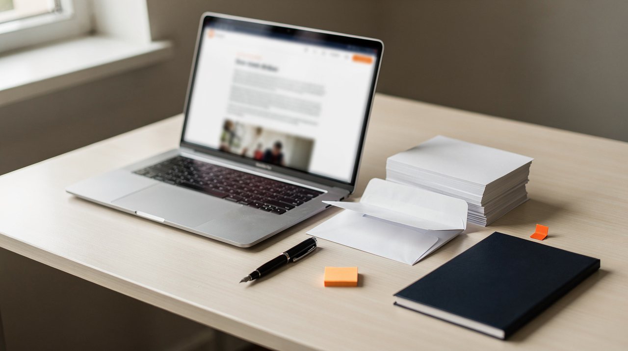 A tidy desk with a laptop, a stack of envelopes, a fountain pen and a navy notebook